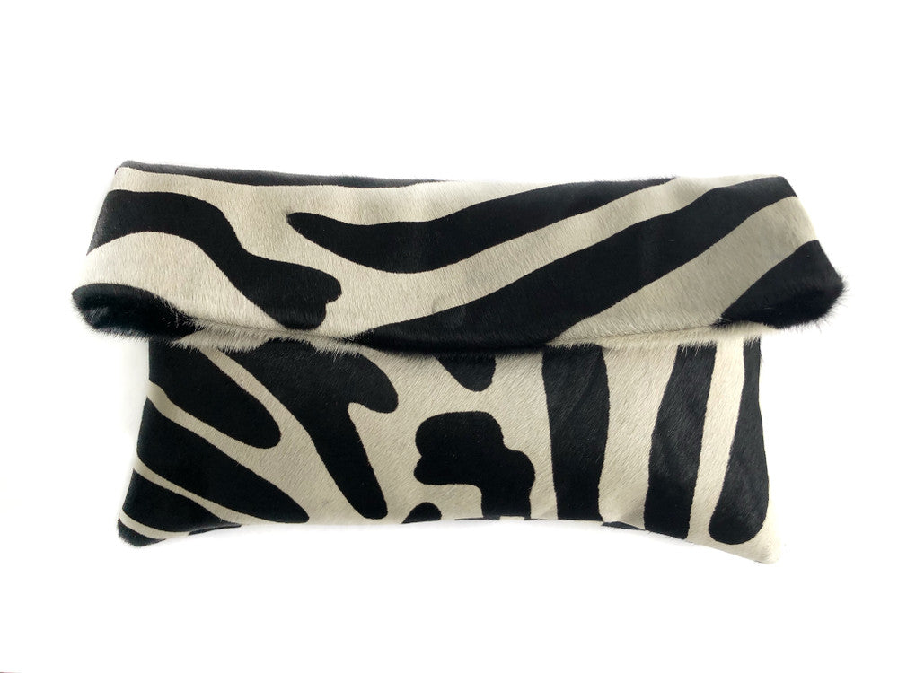 Black & Off-White Zebra Calf Hair Roll Down Clutch