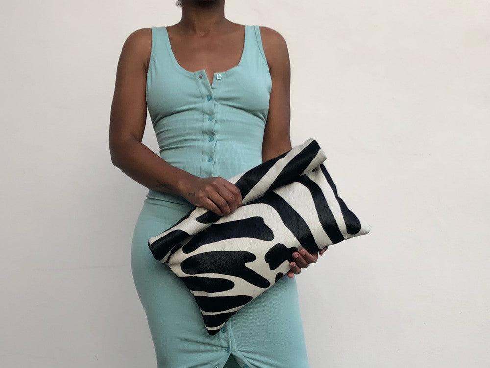 Black & Off-White Zebra Calf Hair Roll Down Clutch