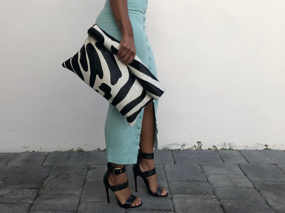 Black & Off-White Zebra Calf Hair Roll Down Clutch