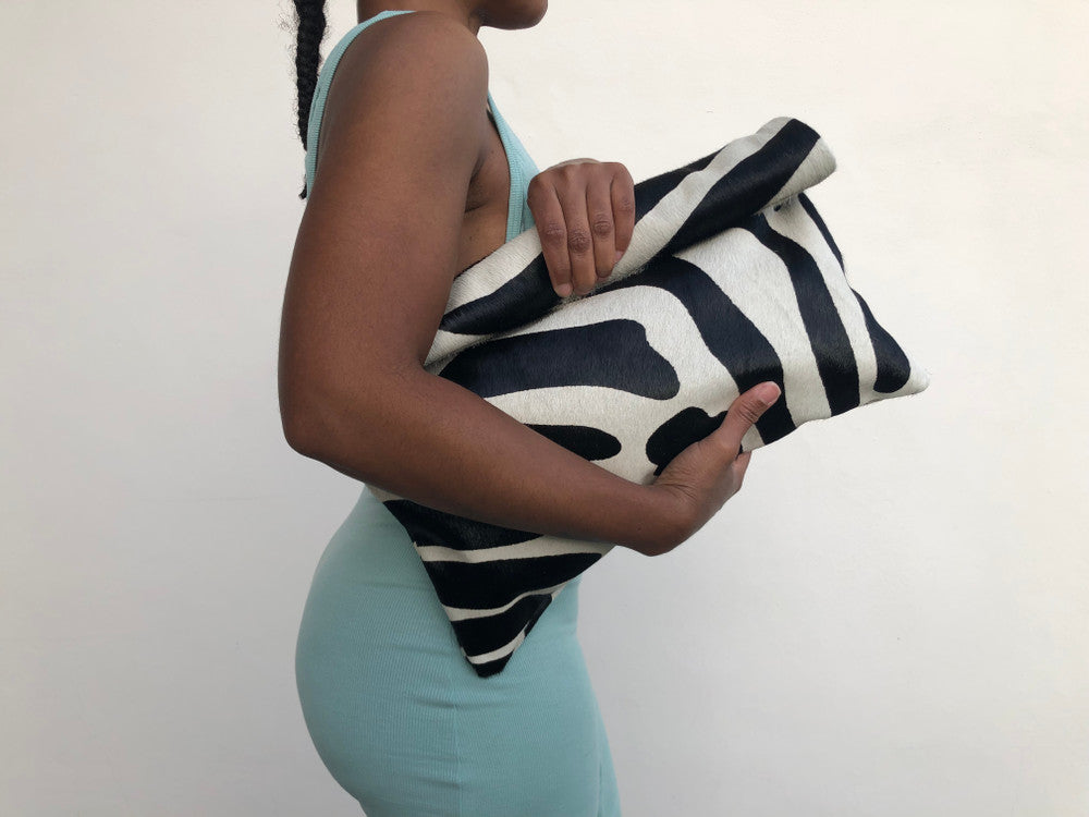 Black & Off-White Zebra Calf Hair Roll Down Clutch