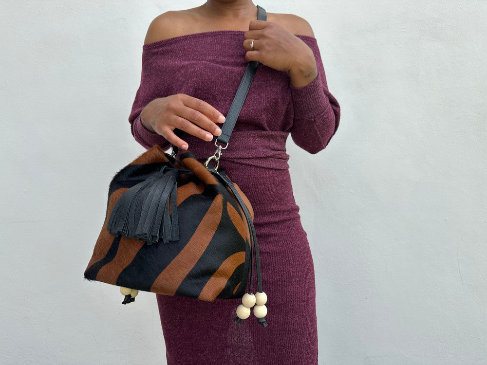 Boxie Calf Hair Bucket  Bag - Black & Brown Zebra