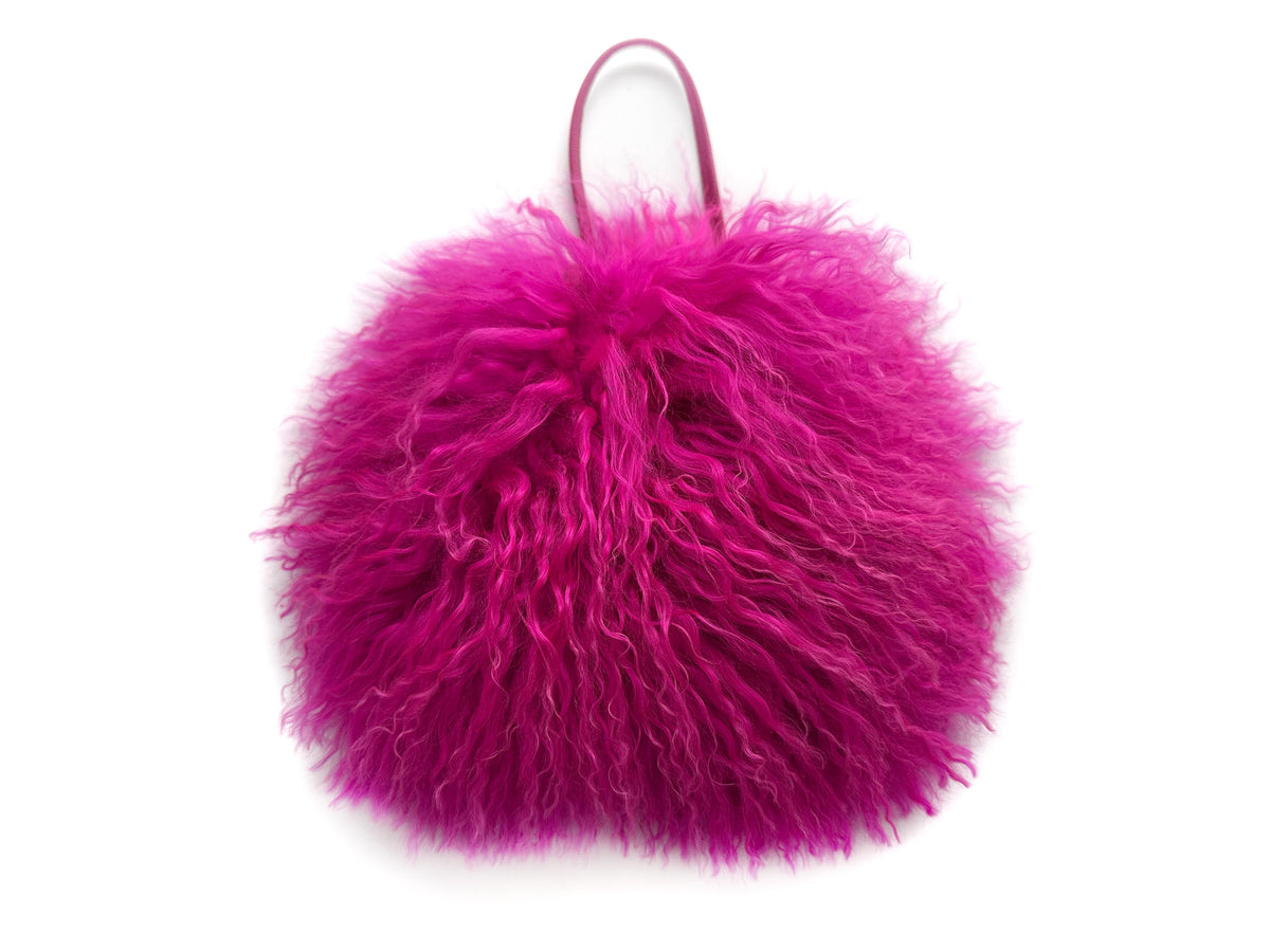 NEW! Cotton Candy Mongolian Fur & Leather Drawstring Mini Bag - Fuchsia Pink