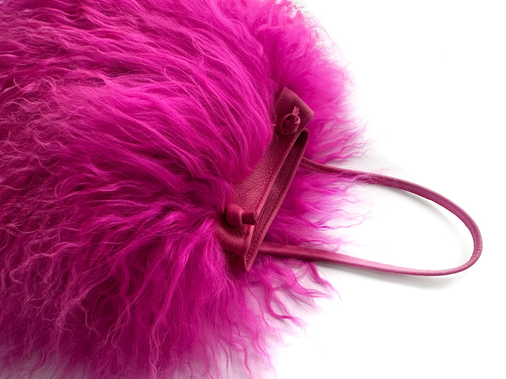 NEW! Cotton Candy Mongolian Fur & Leather Drawstring Mini Bag - Fuchsia Pink
