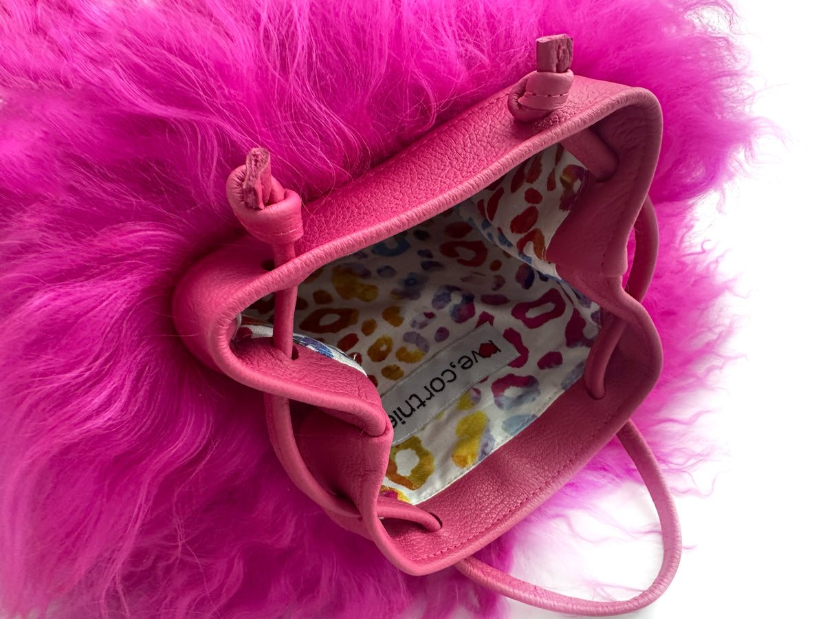 NEW! Cotton Candy Mongolian Fur & Leather Drawstring Mini Bag - Fuchsia Pink