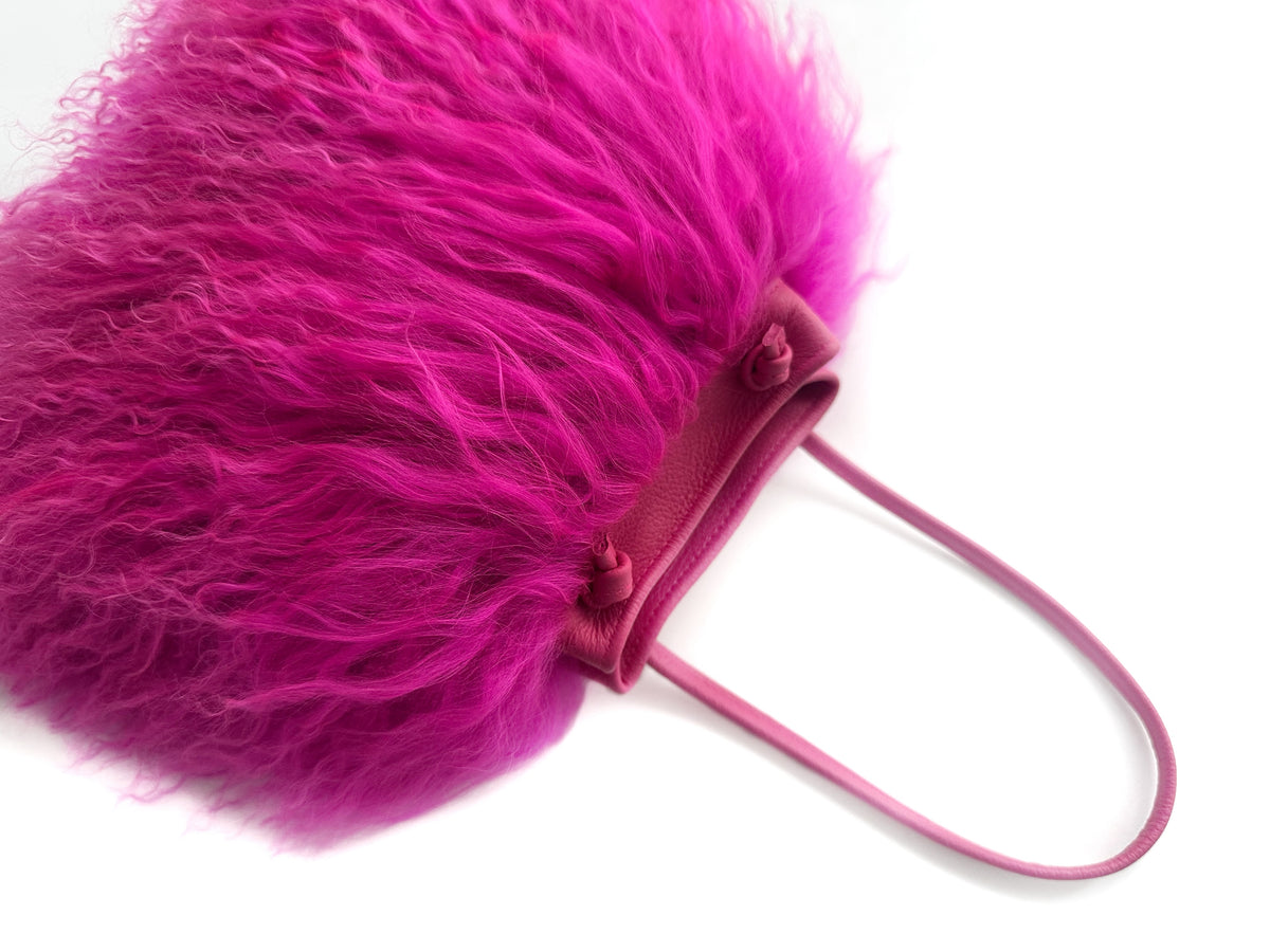 NEW! Cotton Candy Mongolian Fur & Leather Drawstring Mini Bag - Fuchsia Pink