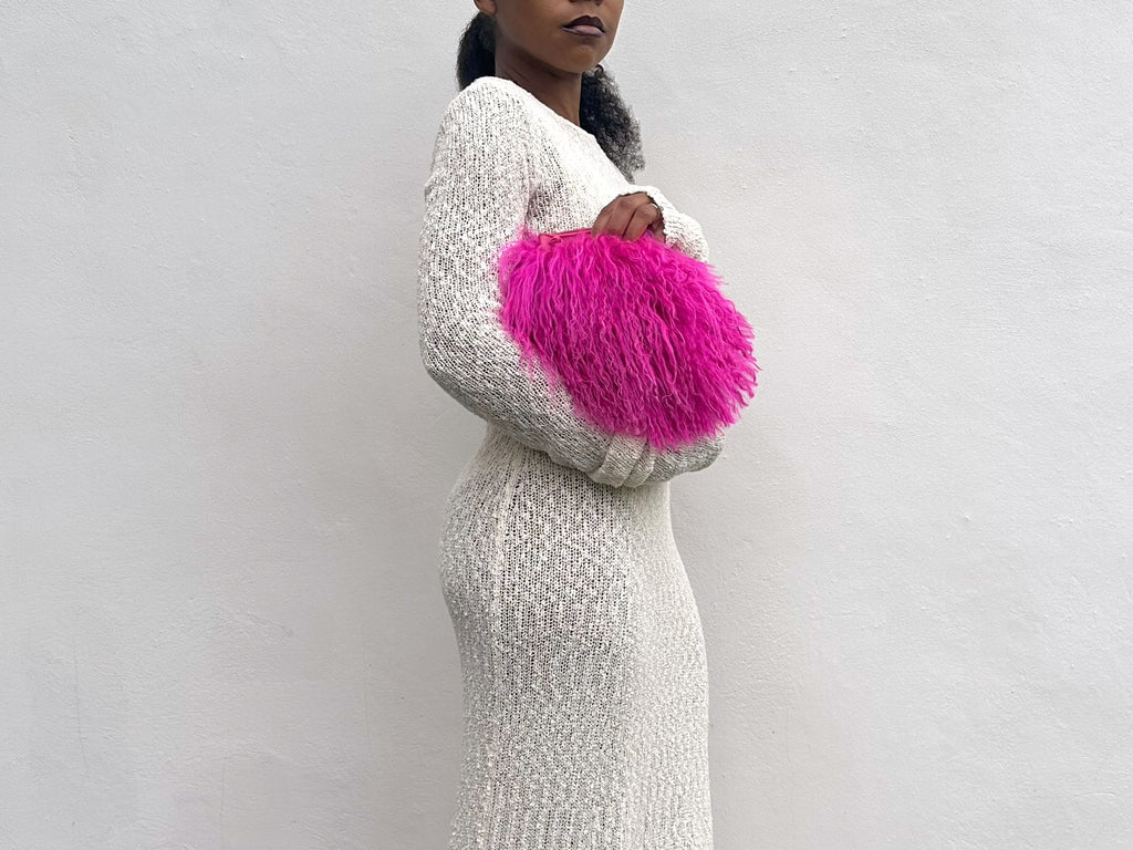 NEW! Cotton Candy Mongolian Fur & Leather Drawstring Mini Bag - Fuchsia Pink