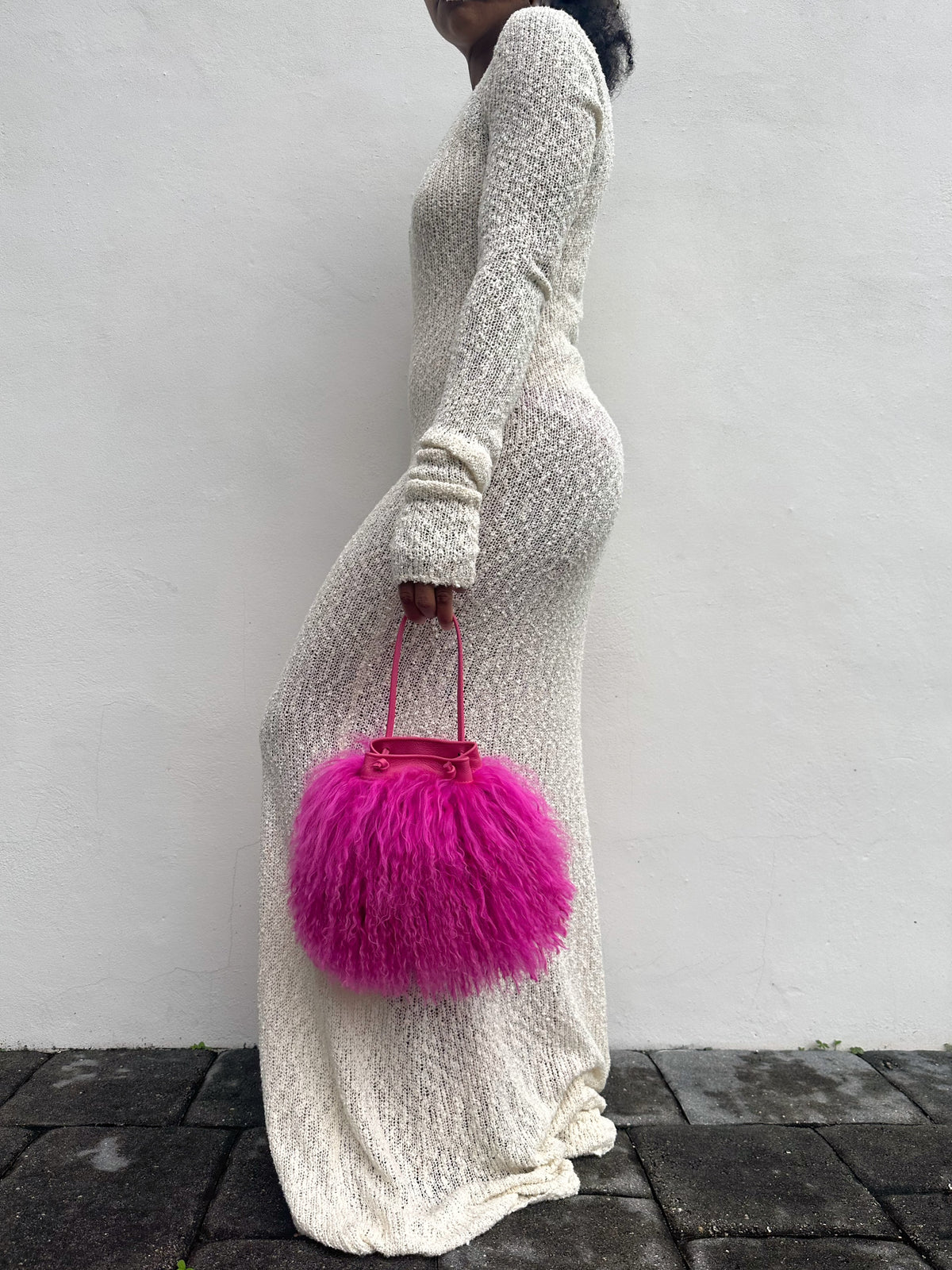 NEW! Cotton Candy Mongolian Fur & Leather Drawstring Mini Bag - Fuchsia Pink