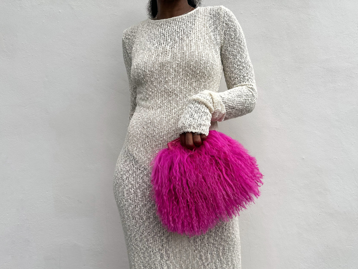 NEW! Cotton Candy Mongolian Fur & Leather Drawstring Mini Bag - Fuchsia Pink