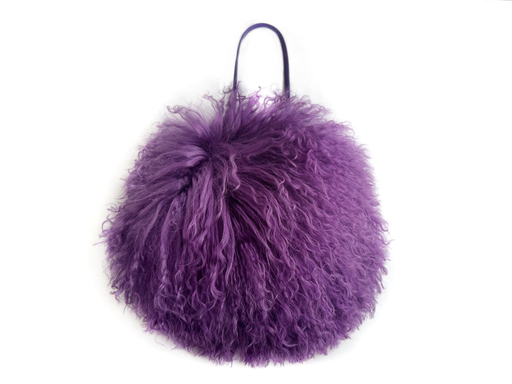 NEW! Cotton Candy Mongolian Fur & Leather Drawstring Mini Bag - Purple