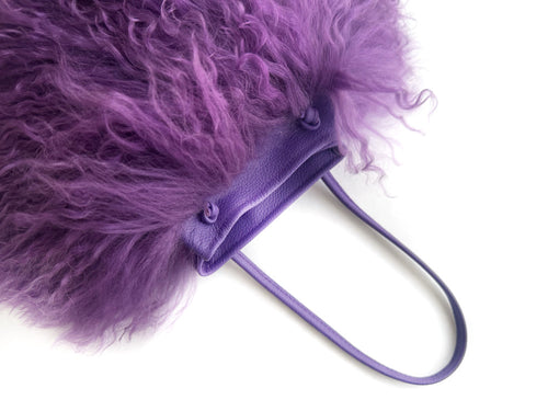 Cotton Candy Mongolian Fur & Leather Drawstring Mini Bag - Purple - 1 LEFT