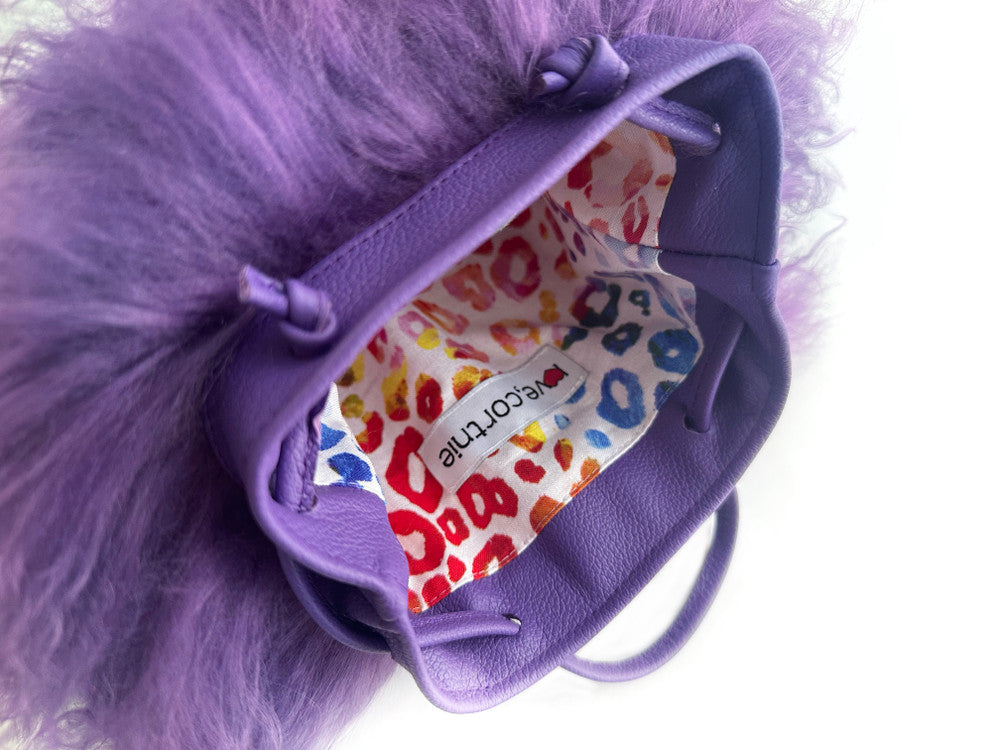 NEW! Cotton Candy Mongolian Fur & Leather Drawstring Mini Bag - Purple