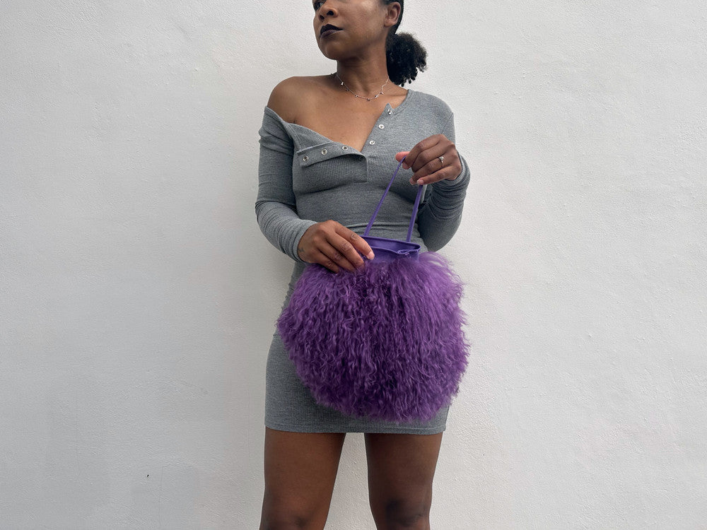 NEW! Cotton Candy Mongolian Fur & Leather Drawstring Mini Bag - Purple
