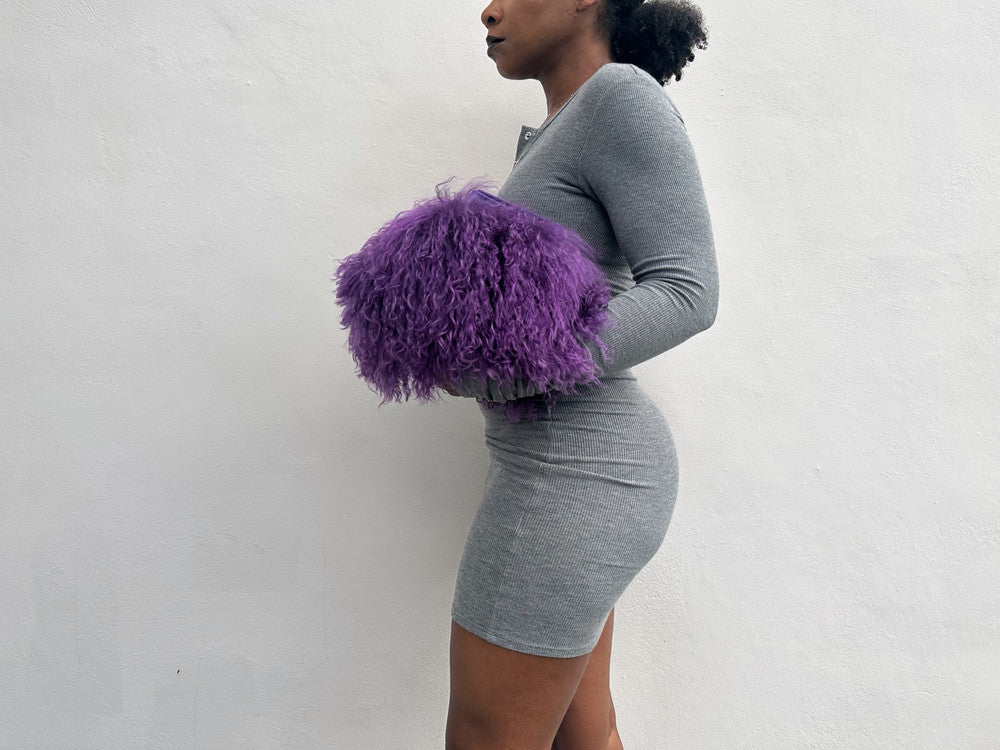 NEW! Cotton Candy Mongolian Fur & Leather Drawstring Mini Bag - Purple