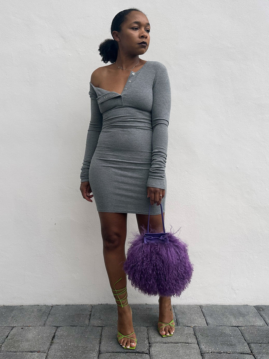 NEW! Cotton Candy Mongolian Fur & Leather Drawstring Mini Bag - Purple