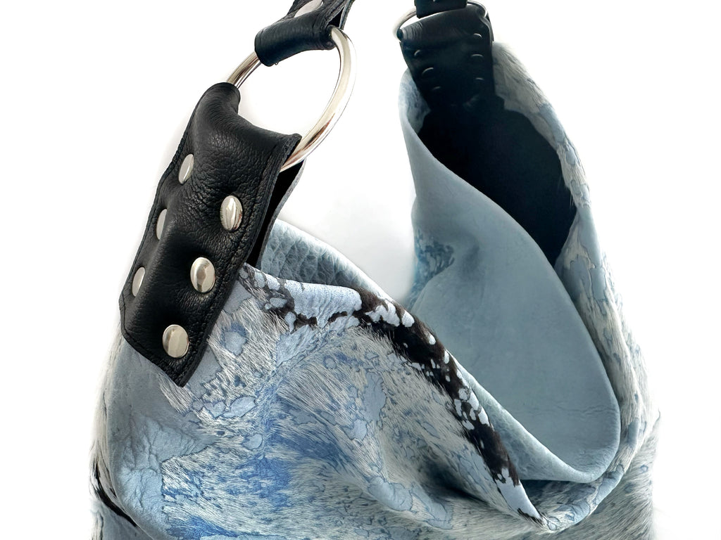 NEW! Delta Shoulder Bag - Baby Blue, Black & White Acid Wash Calf Hair