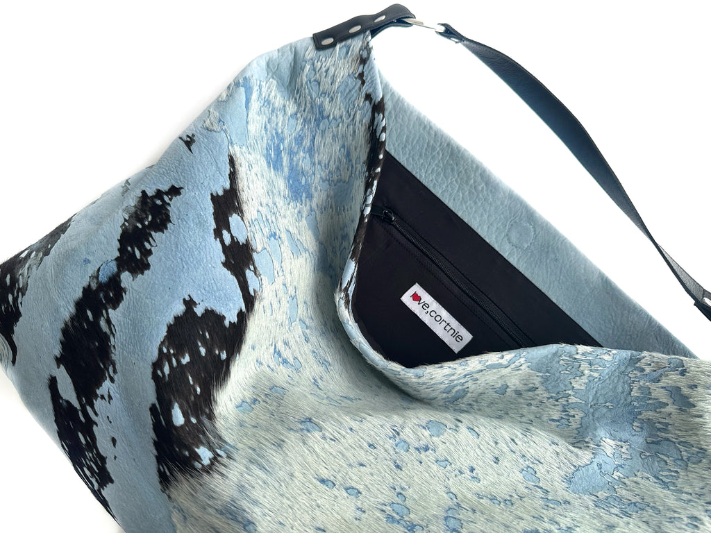NEW! Delta Shoulder Bag - Baby Blue, Black & White Acid Wash Calf Hair