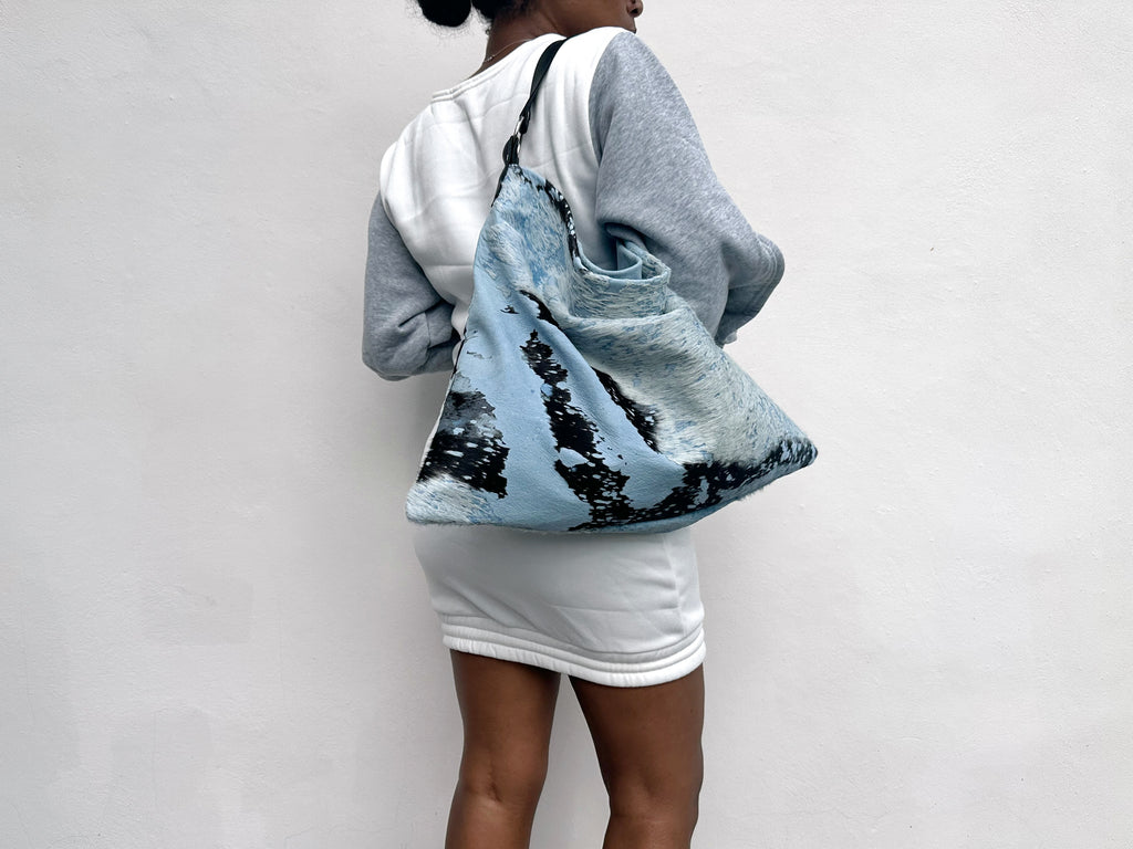 NEW! Delta Shoulder Bag - Baby Blue, Black & White Acid Wash Calf Hair