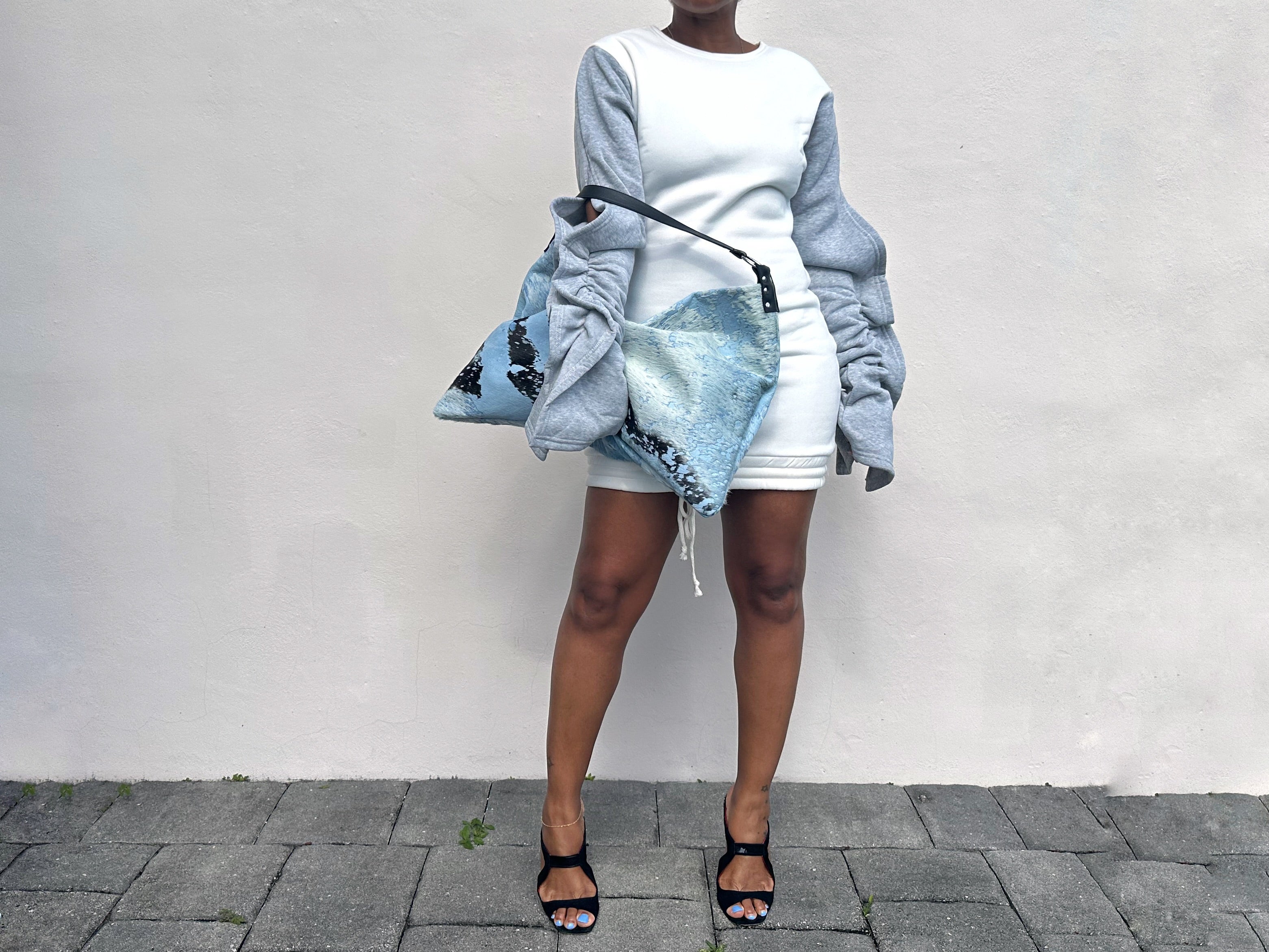 NEW! Delta Shoulder Bag - Baby Blue, Black & White Acid Wash Calf Hair