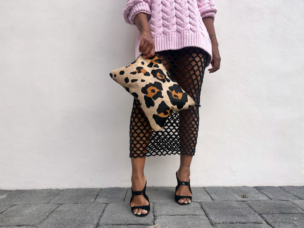 Large Scale Leopard Calf Hair Clutch