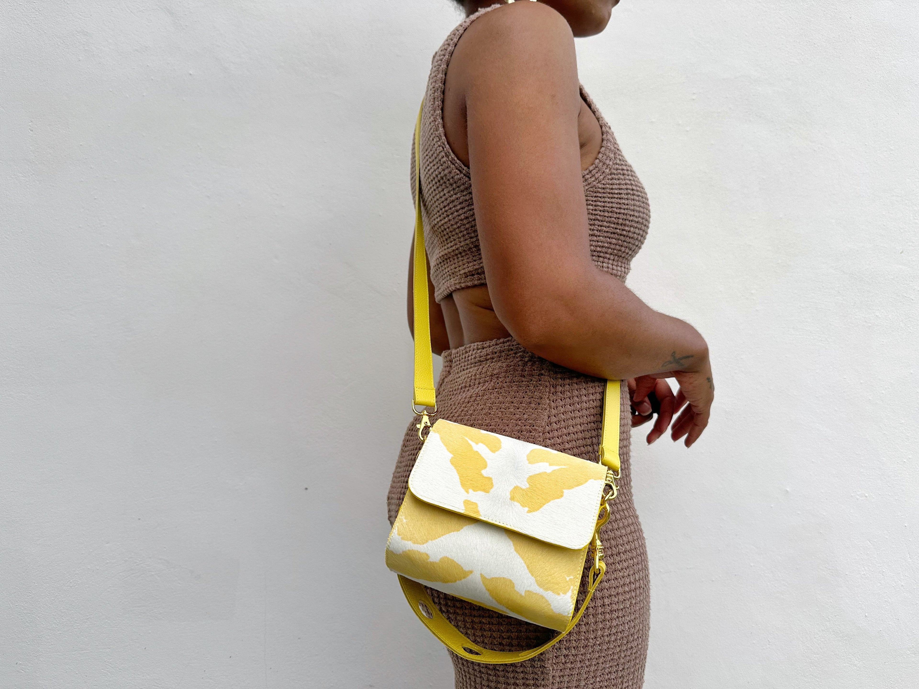 NEW! Mini Snap Crossbody - Yellow Cow Print Calf Hair