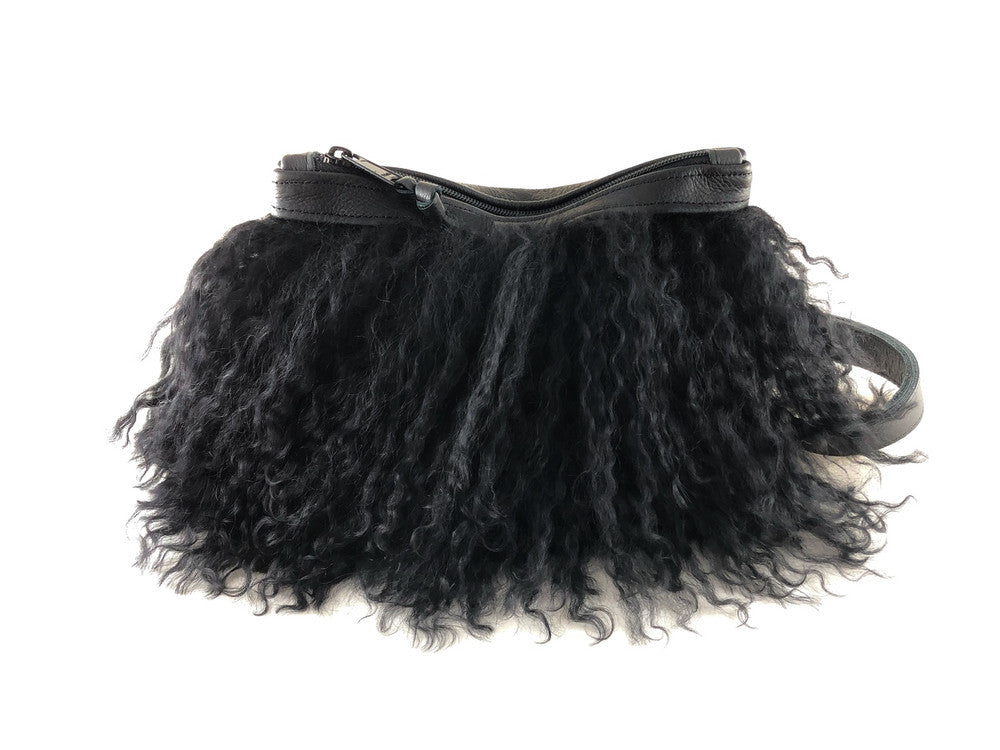 Pom Pom Mongolian Fur & Leather Waist Bag - Black