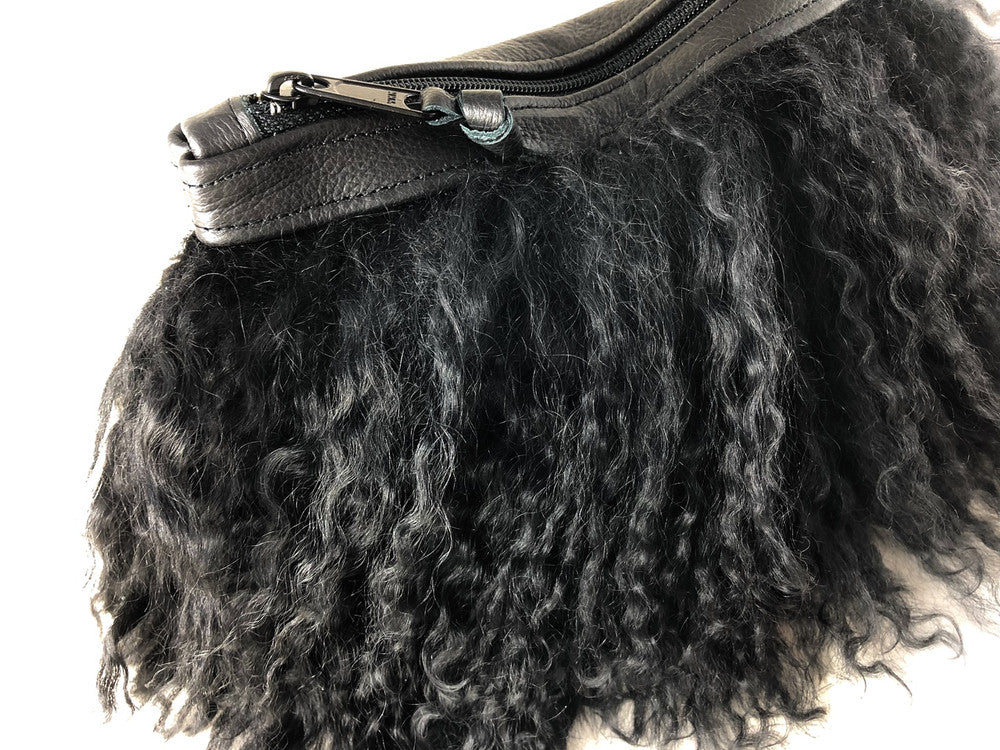 Pom Pom Mongolian Fur & Leather Waist Bag - Black