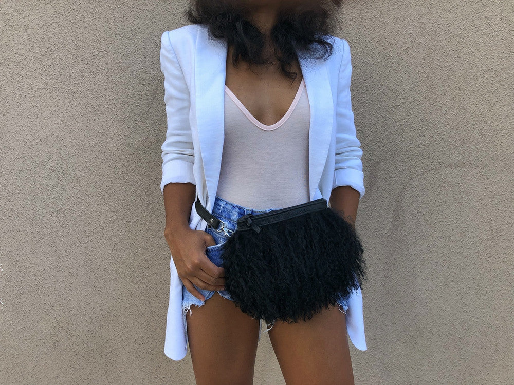 Pom Pom Mongolian Fur & Leather Waist Bag - Black