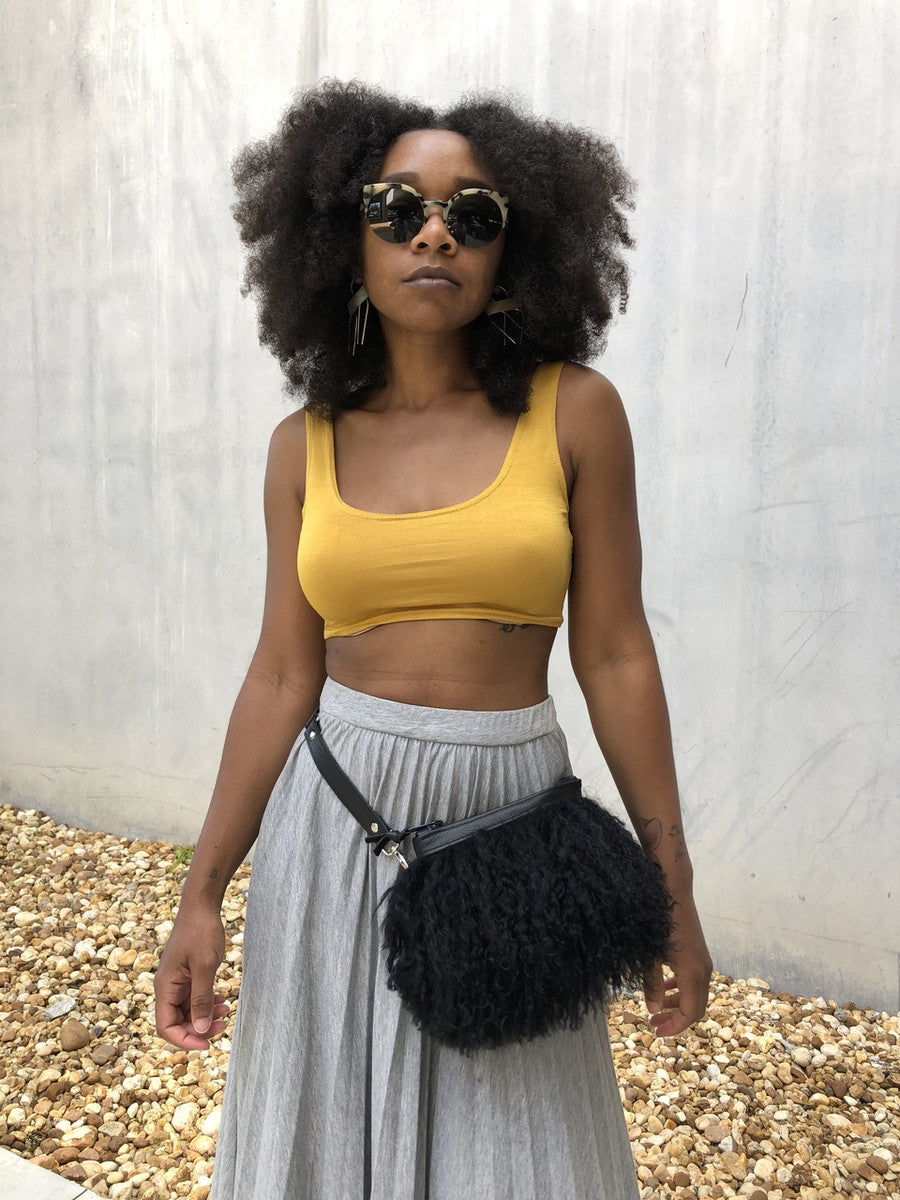 Pom Pom Mongolian Fur & Leather Waist Bag - Black