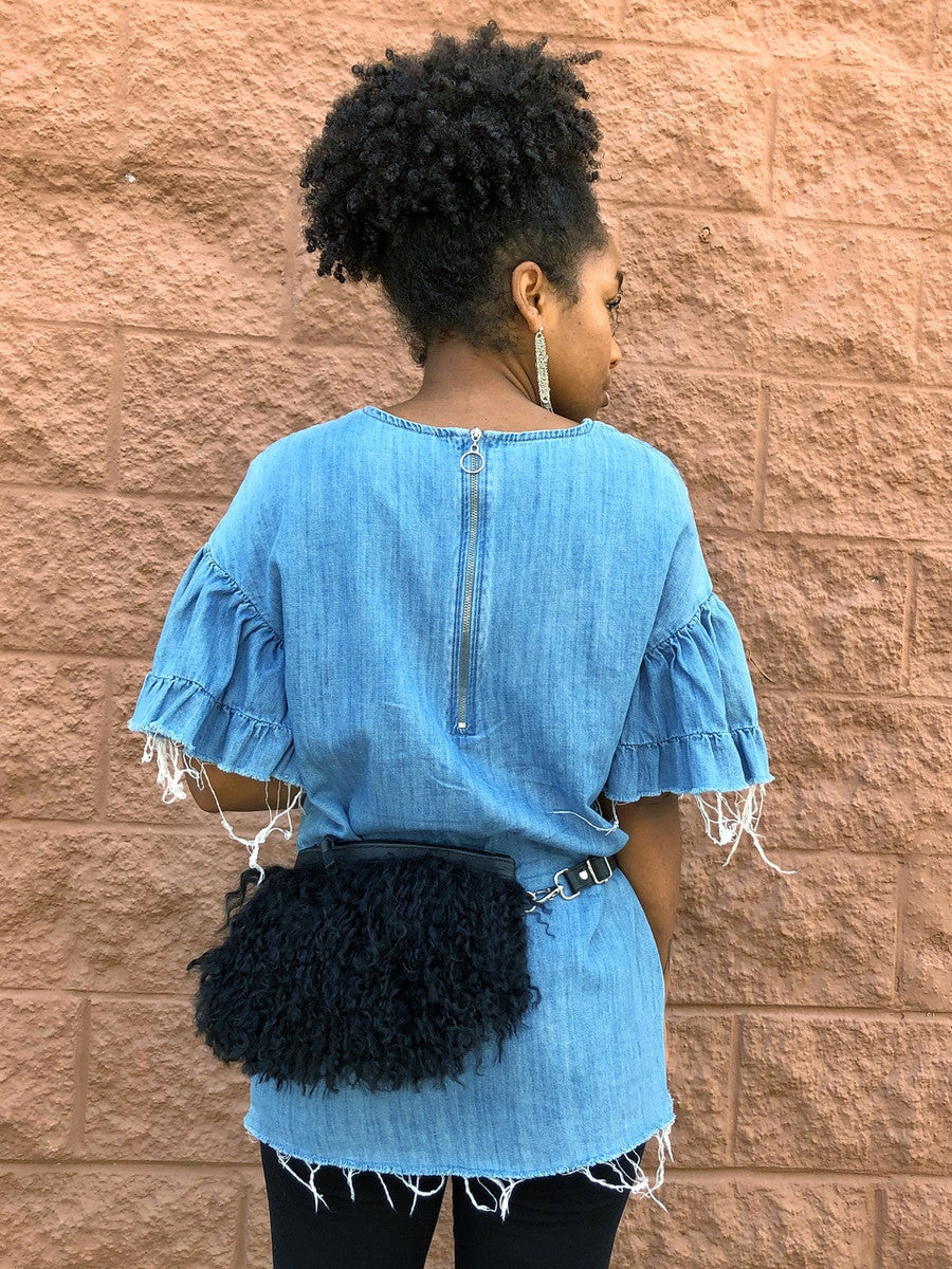 Pom Pom Mongolian Fur & Leather Waist Bag - Black