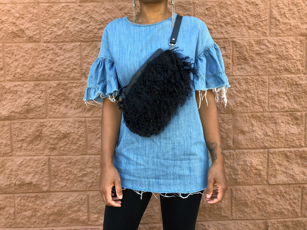 Pom Pom Mongolian Fur & Leather Waist Bag - Black