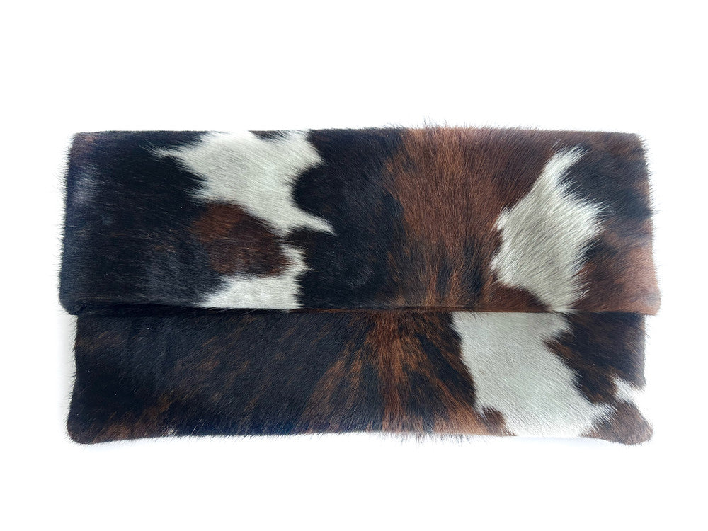 Tri-Color Cow Print Calf Hair Roll Down Clutch