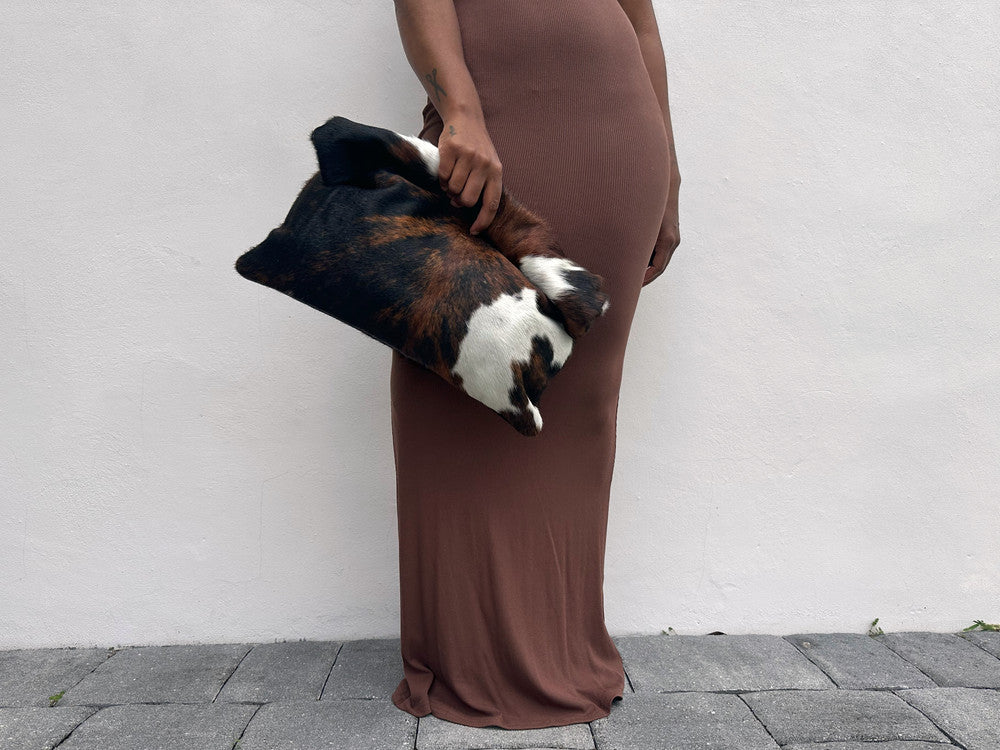 Tri-Color Cow Print Calf Hair Roll Down Clutch